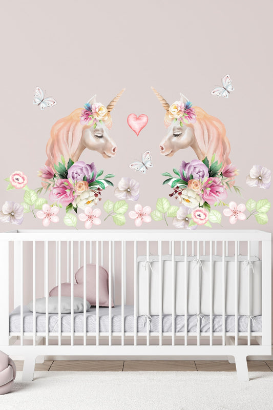 Ikiz Unicorn Suluboya Çiçekler Kız Bebek Çocuk Odası Duvar Sticker Seti