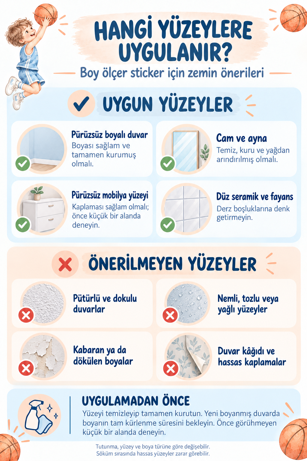 Basketbolcu Çocuk Boy Ölçer Duvar Stickerı 50–150 cm Pastel Suluboya Basketbol Temalı Çocuk Odası