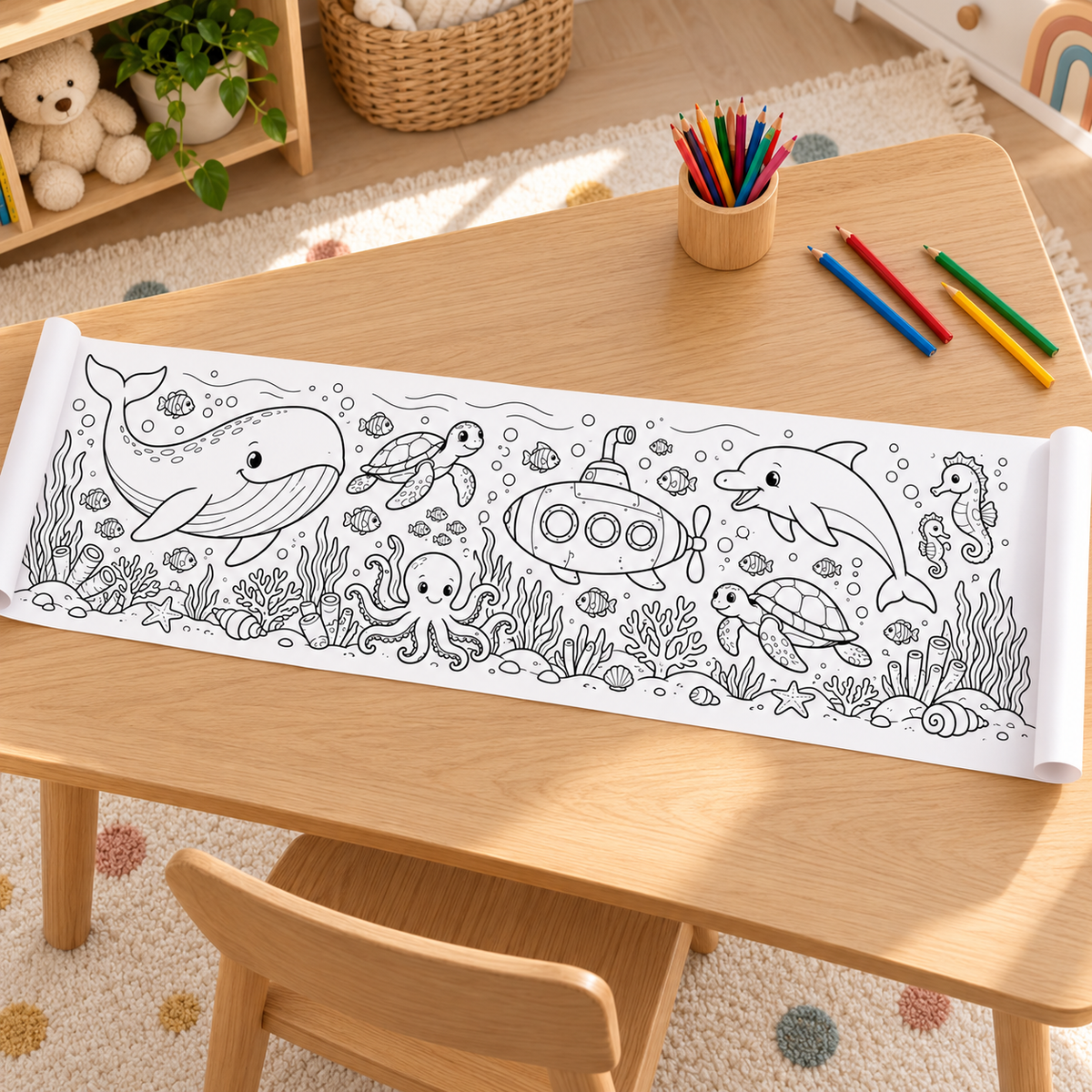 Underwater World Coloring Roll – 30 × 100 cm — coloring sheet activity mockup