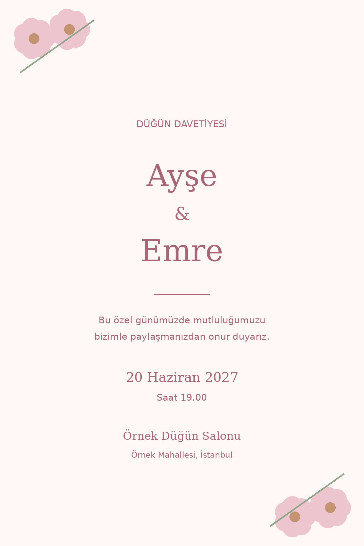 Pudra Çiçekler düğün davetiyesi