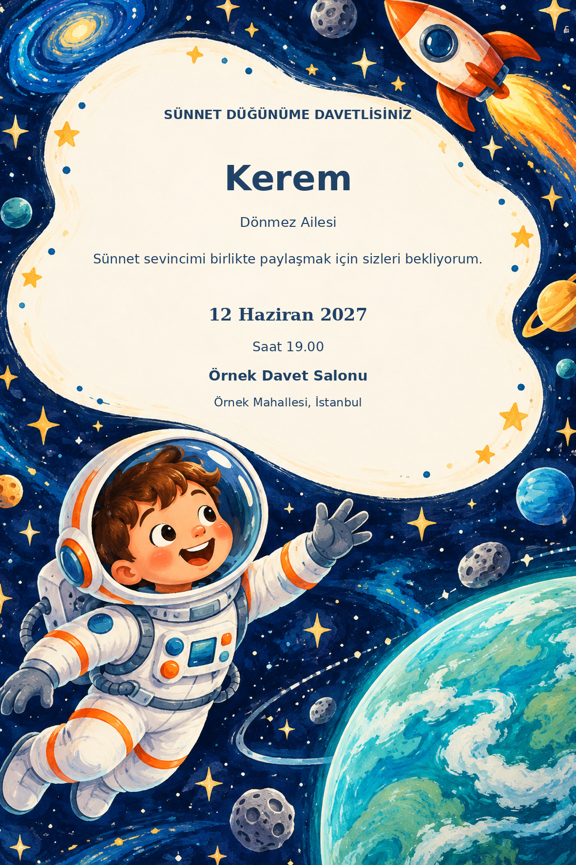 Uzay Kahramanı davetiye tasarımı