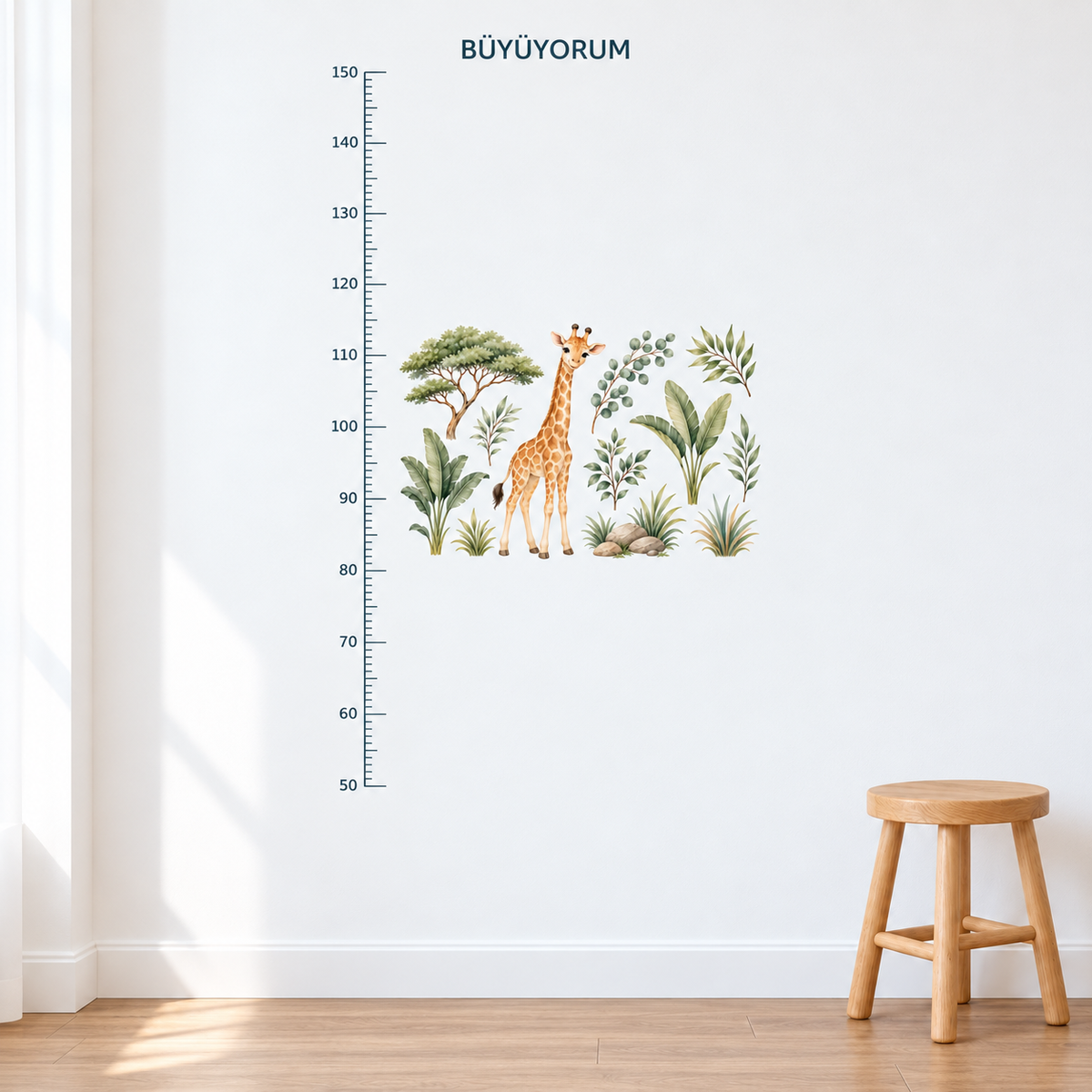 Safari Zürafa Anaokulu Boy Ölçer Sticker – ST-HC-1001 duvar üzerinde temsili uygulama mockup