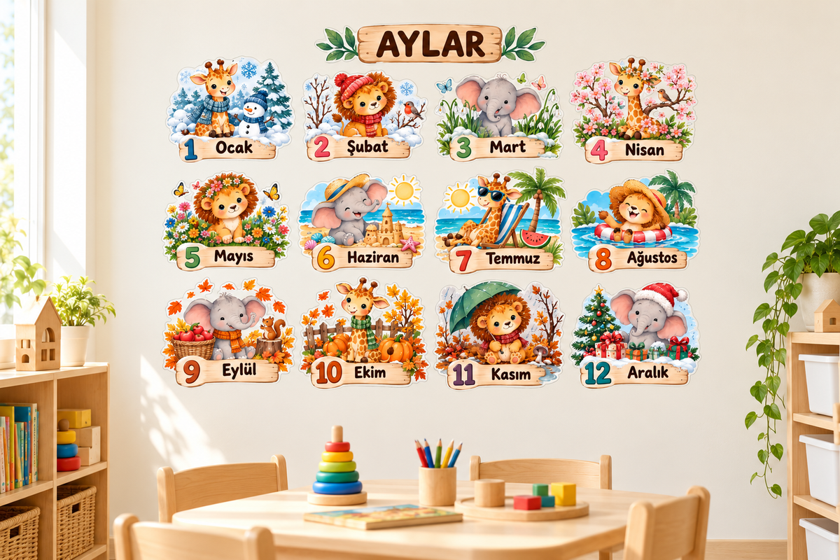 Pastel Safari Aylar Sticker Seti – ST-MO-1001 sınıf duvarında uygulama mockup