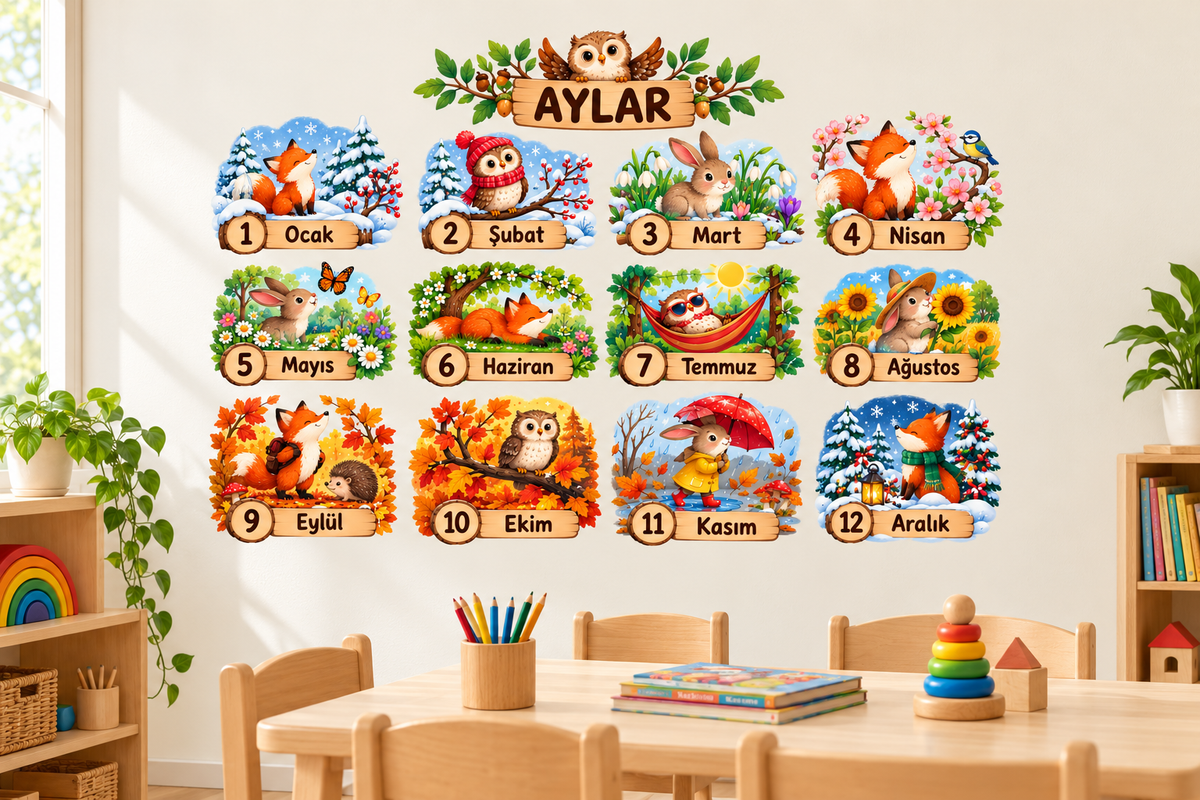 Orman Aylar Sticker Seti – ST-MO-1003 sınıf duvarında uygulama mockup