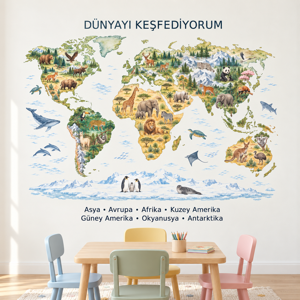 Pastel Safari Dünya Haritası Sticker Seti – ST-MP-1001 sınıf duvarında uygulama mockup
