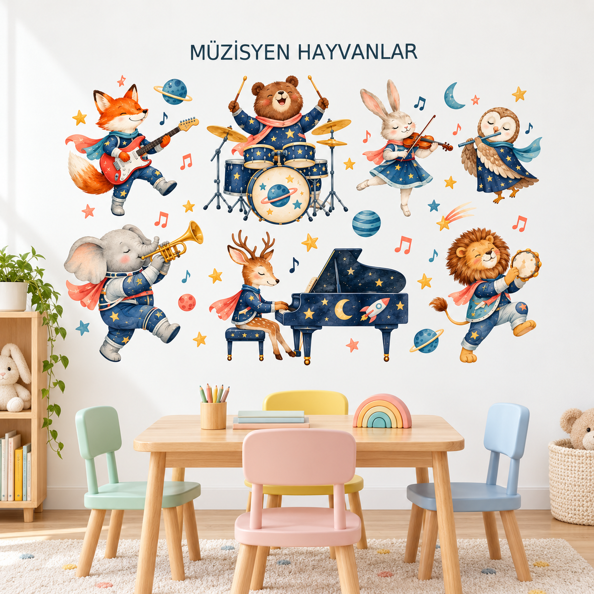 Uzay Müzisyen Hayvanlar Sticker Seti – ST-MU-1002 sınıf duvarında uygulama mockup