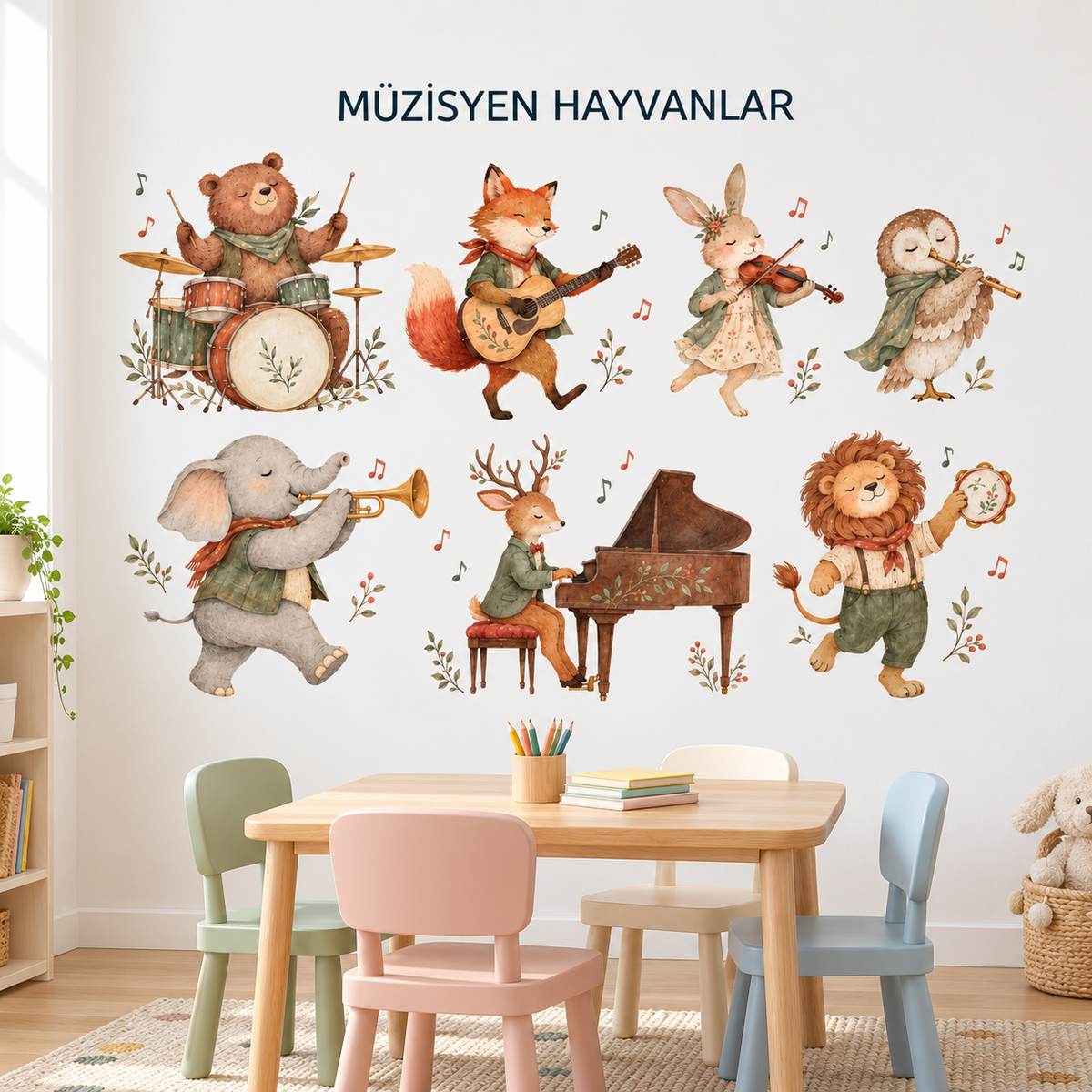 Orman Müzisyen Hayvanlar Sticker Seti – ST-MU-1003 sınıf duvarında uygulama mockup