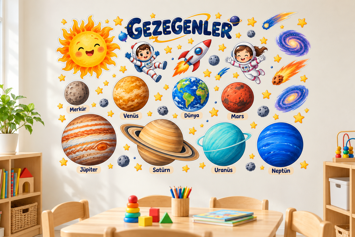 Uzay Gezegenler Sticker Seti – ST-PL-1002 sınıf duvarında uygulama mockup
