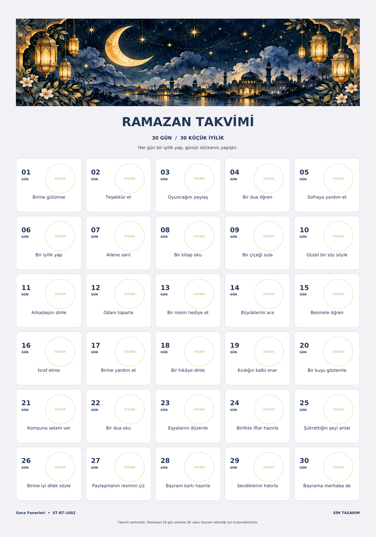 30 günlük takvimin eksiksiz baskı görünümü