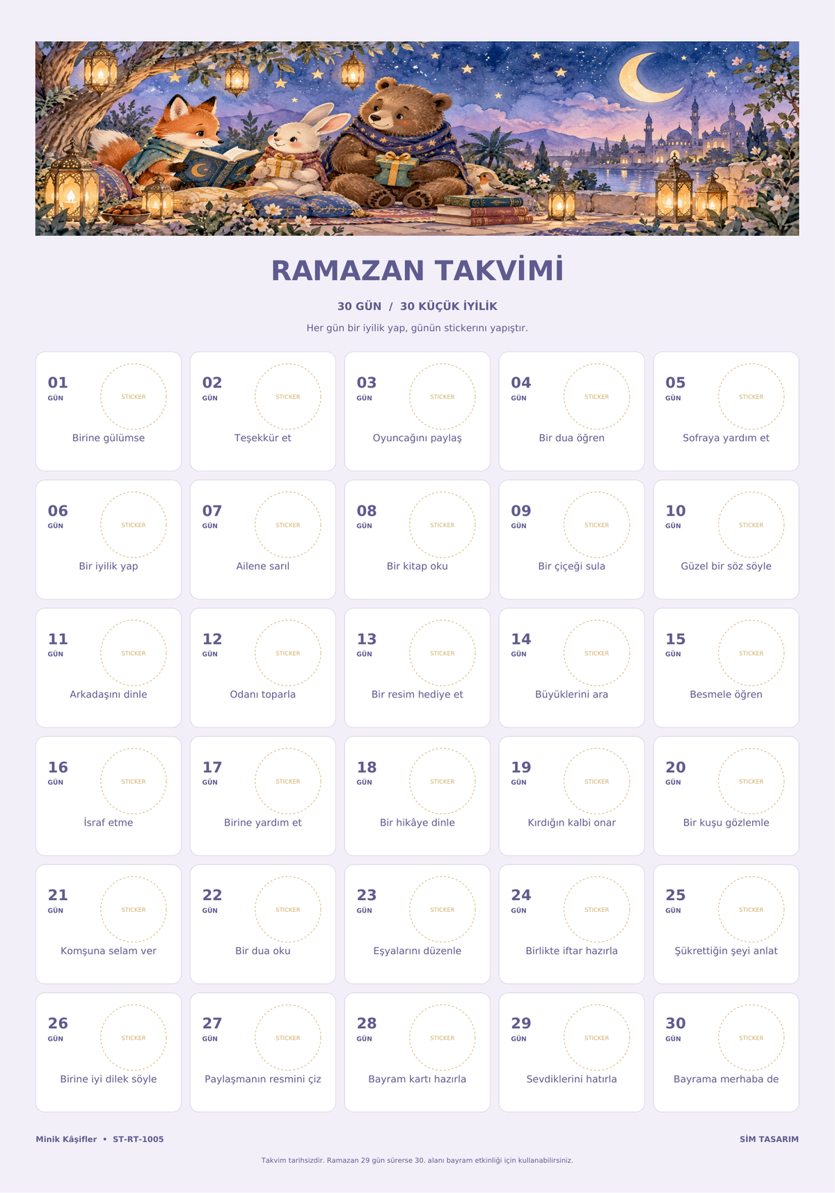 30 günlük takvimin eksiksiz baskı görünümü