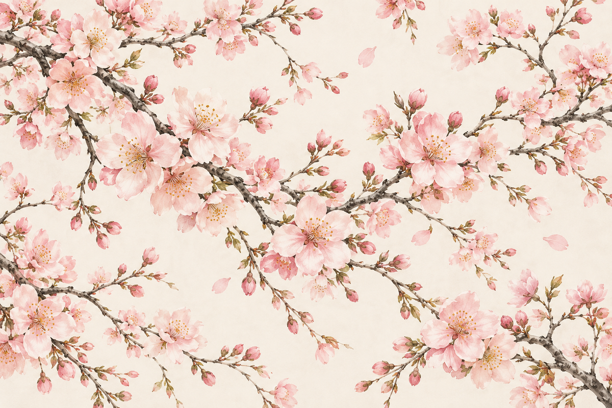 İnci Beyazı Sakura Dalları düz desen