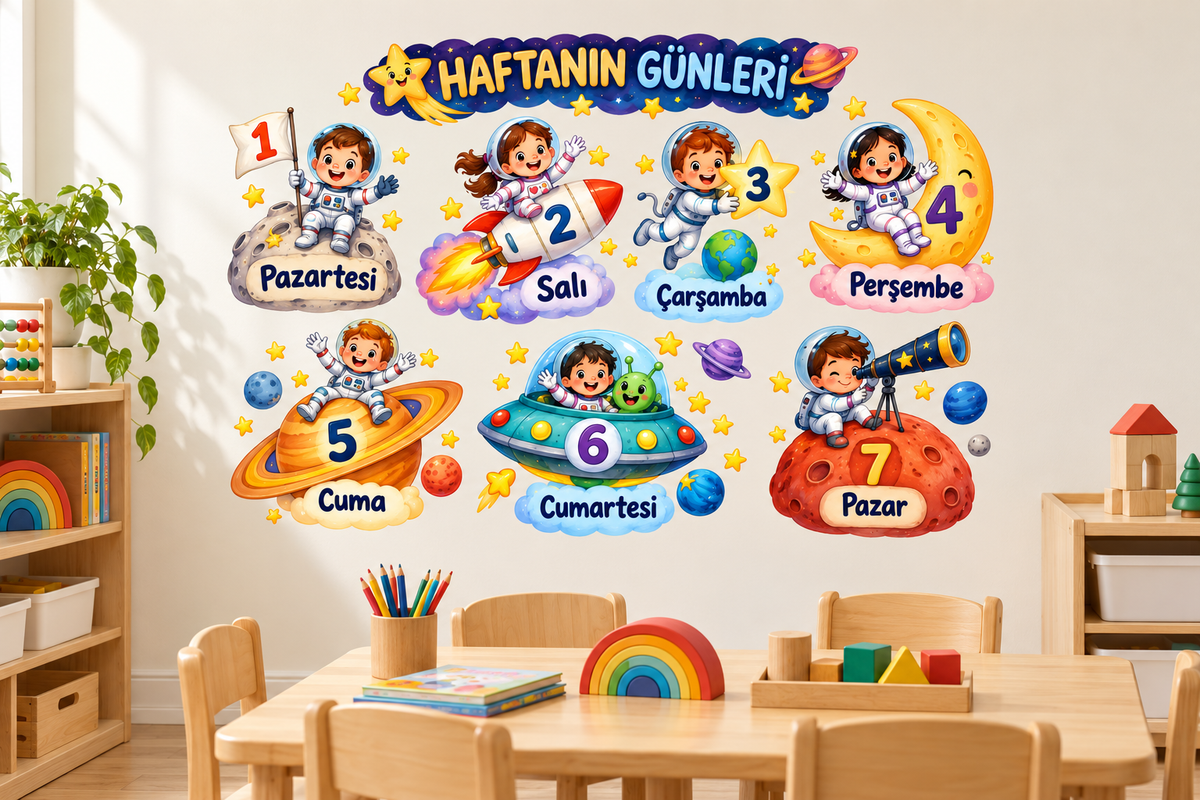 Uzay Haftanın Günleri Sticker Seti – ST-WK-1002 sınıf duvarında uygulama mockup