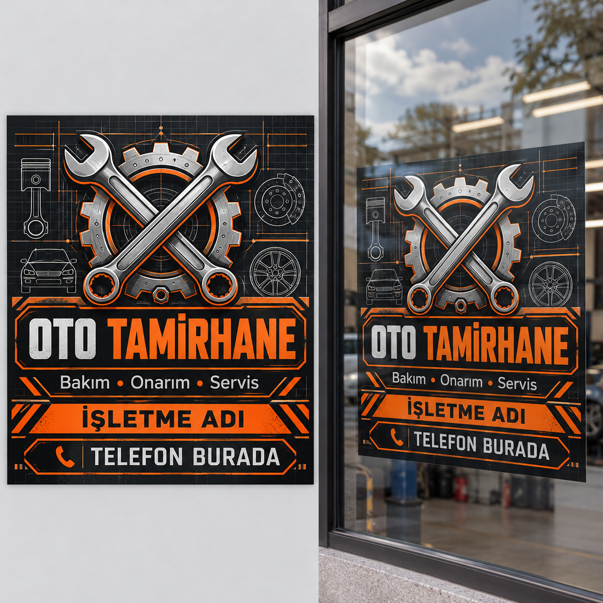 Turuncu Dişli Oto Tamirhane Folyo Baskı tasarım ve cam uygulaması mockup