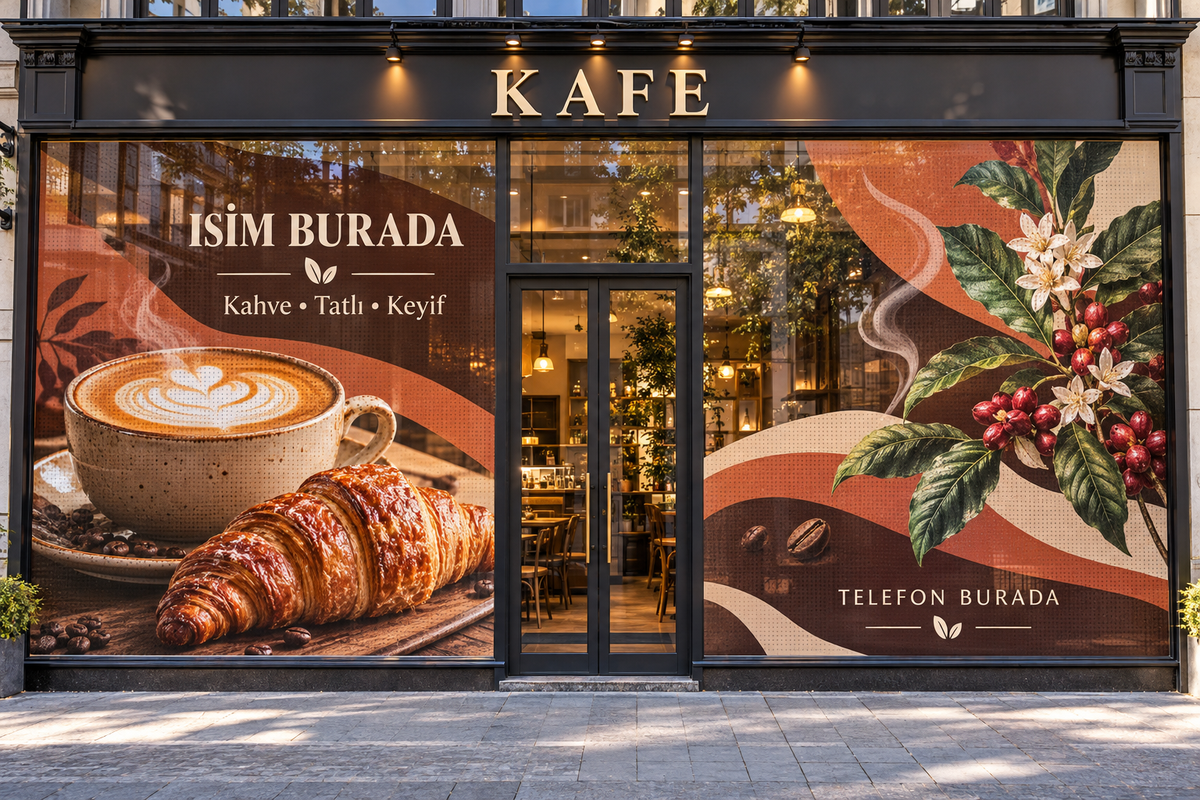 Kahve Molası Kafe Onewayvision Baskı geniş cephe mockup
