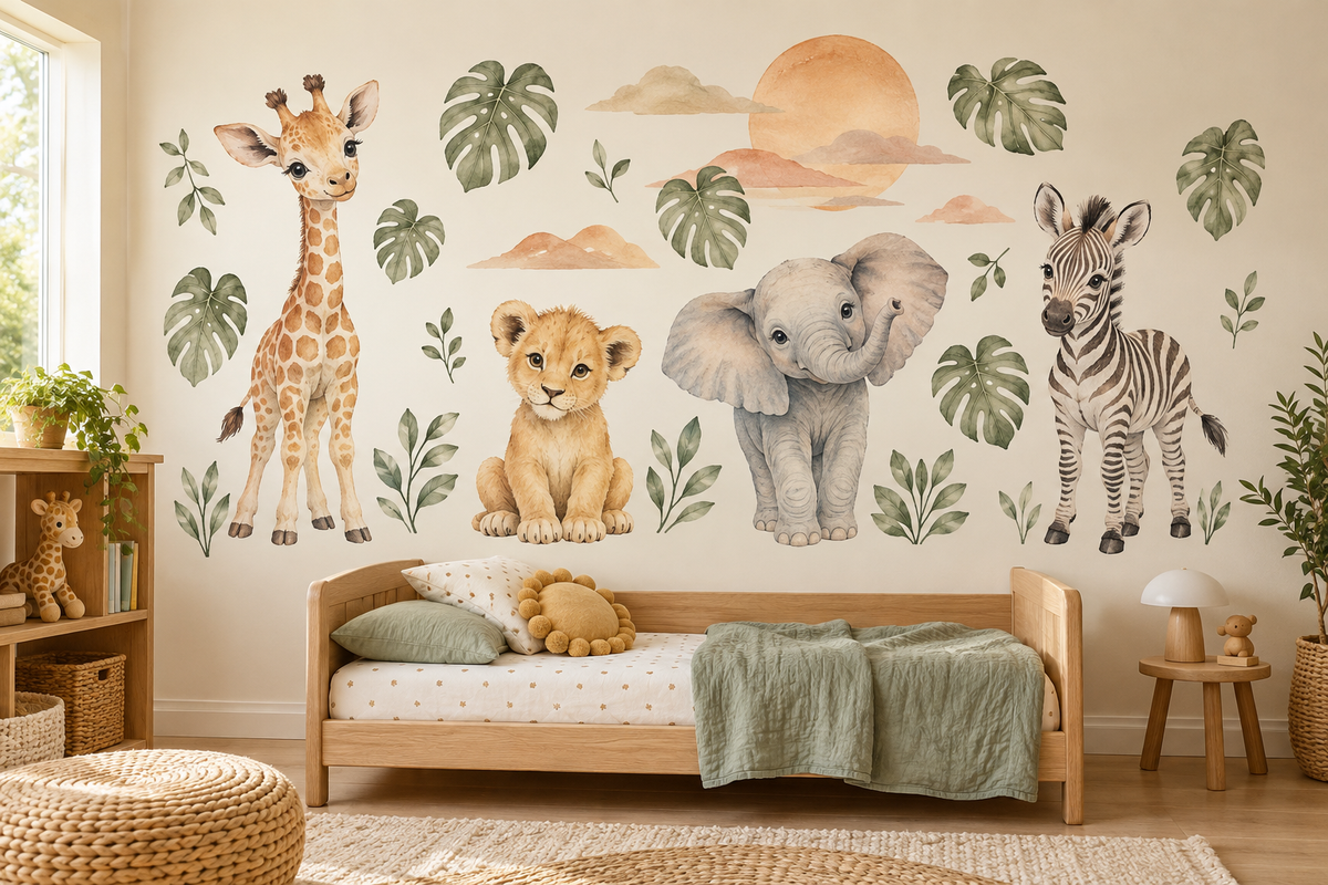 Pastel Safari Baskes Özel Kesim Sticker oda uygulama mockup