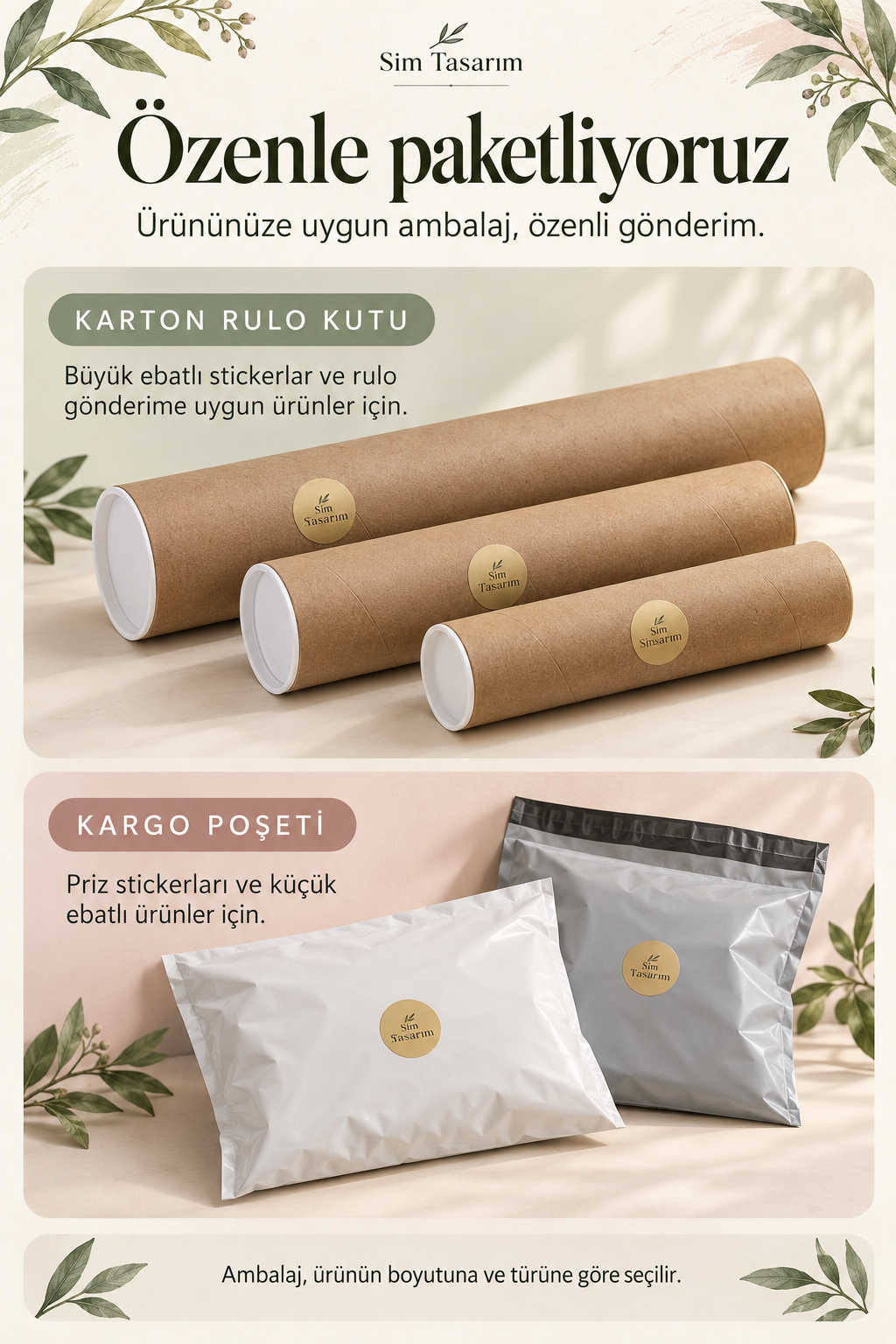 Sim Tasarım özenli paketleme: büyük ebatlı ve rulo gönderime uygun ürünler karton rulo kutuda; priz stickerları ve küçük ebatlı ürünler kargo poşetinde gönderilir. Ambalaj ürünün boyutuna ve türüne göre seçilir.