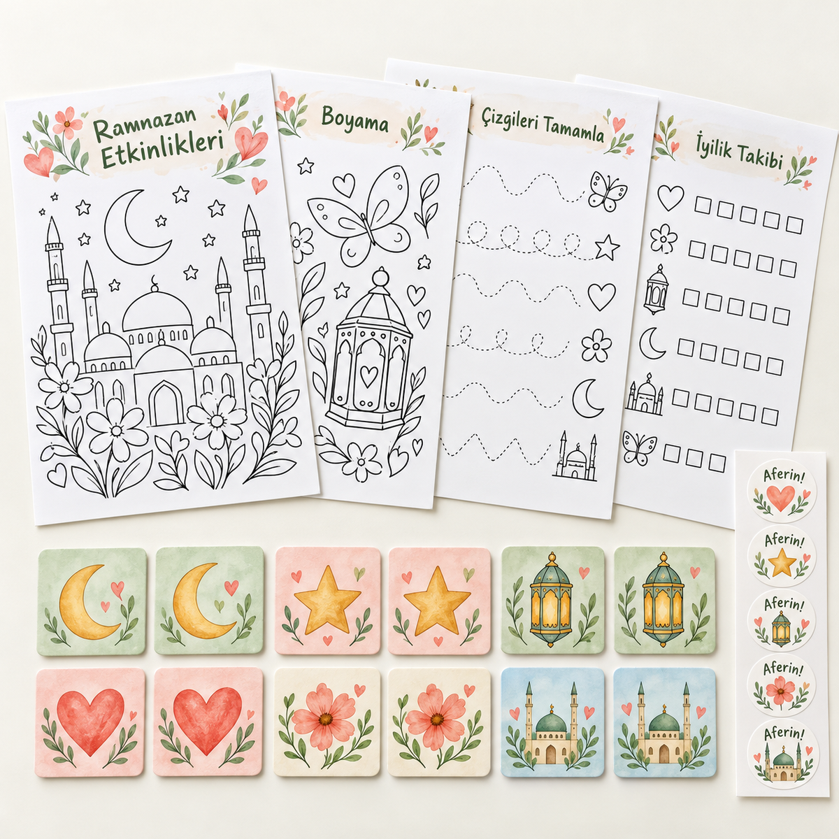 İyilik Bahçesi Ramazan etkinlik paketi: 4 A4 sayfa, 12 kart, 24 sticker