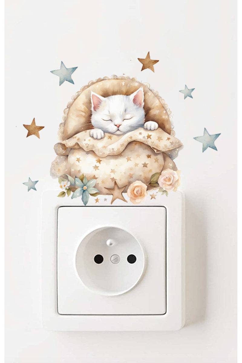 Priz - Soft Renk Uyuyan Sevimli Kedicik Çocuk Odası Priz Duvar Sticker