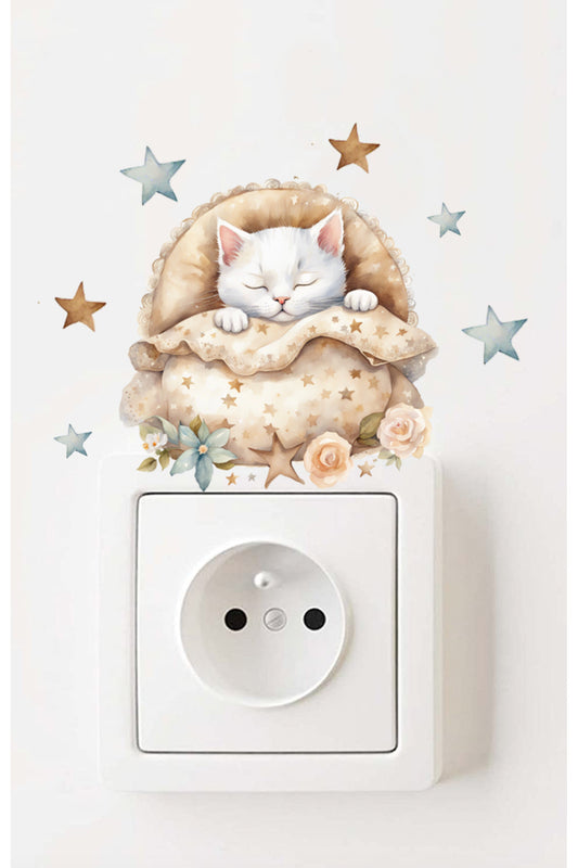 Priz - Soft Renk Uyuyan Sevimli Kedicik Çocuk Odası Priz Duvar Sticker