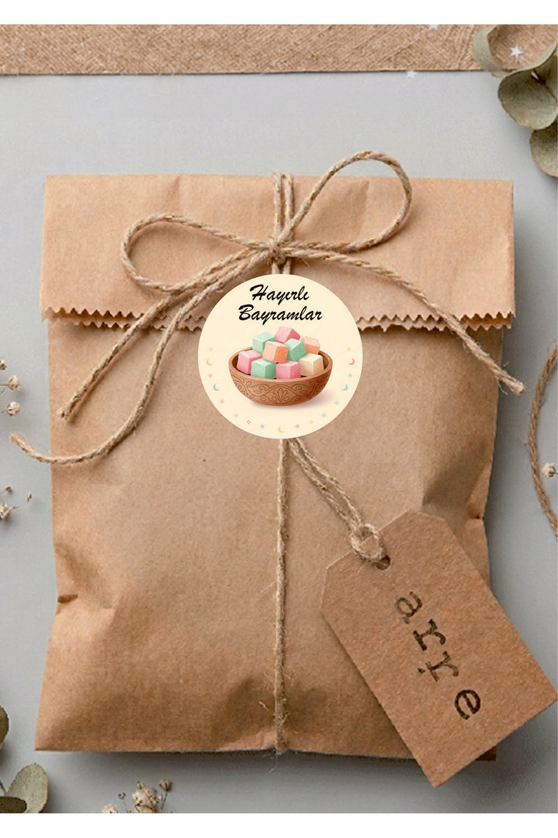 Hayırlı Bayramlar yazılı, Paketleme Kutularına Özel Tasarım Etiketler 4 cm Çapında 15 Adet Etiket
