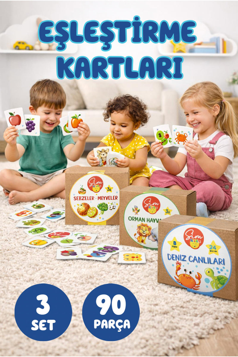 Sim Kids 3lü set 90 parça Eşleştirme Kartları Çocuk Aktivite oyun kartları