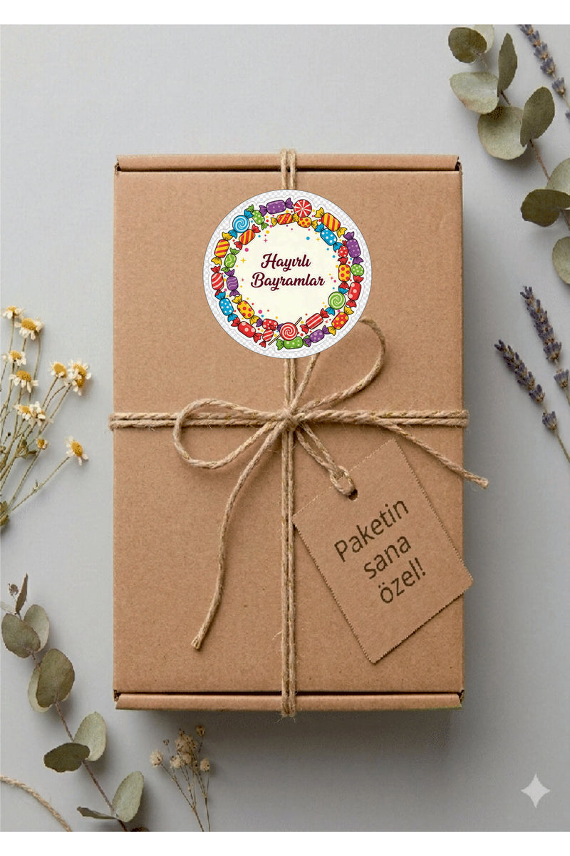 Hayırlı Bayramlar yazılı, Paketleme Kutularına Özel Tasarım Etiketler 4 cm Çapında 15 Adet Etiket