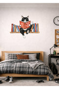 Rafta Kitap Okuyan Kara Kedi Dekoratif Duvar Sticker