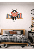 Rafta Kitap Okuyan Kara Kedi Dekoratif Duvar Sticker