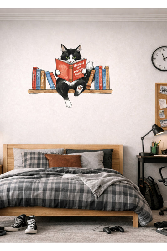 Rafta Kitap Okuyan Kara Kedi Dekoratif Duvar Sticker