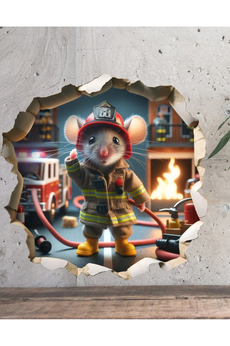 İtfaiyeci Sevimli Fare Koridor Cam Ev Dekorasyon Sticker