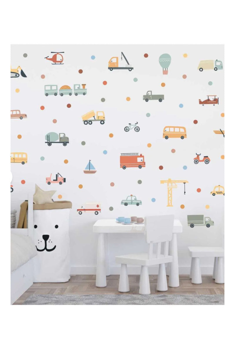 Pastel Renk Araçlar Arabalar Çocuk Odası Duvar Sticker Seti