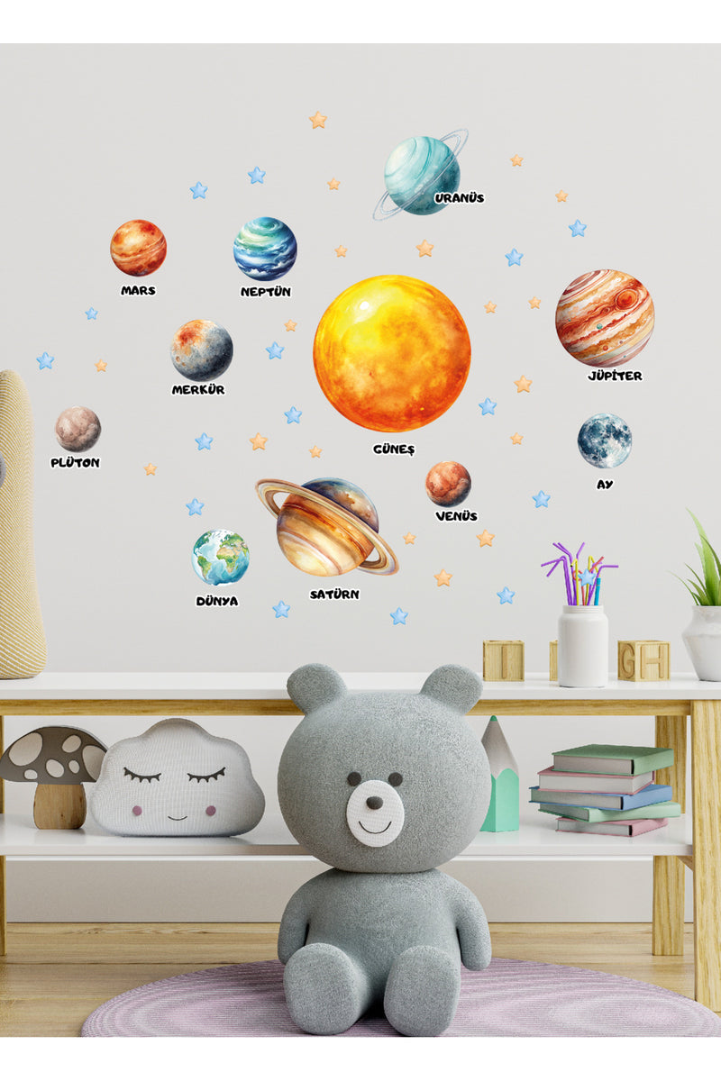 Türkçe isimli Gezegenler Ve Yıldızlar Çocuk Odası - Anaokulu - Kreş Duvar Sticker Seti