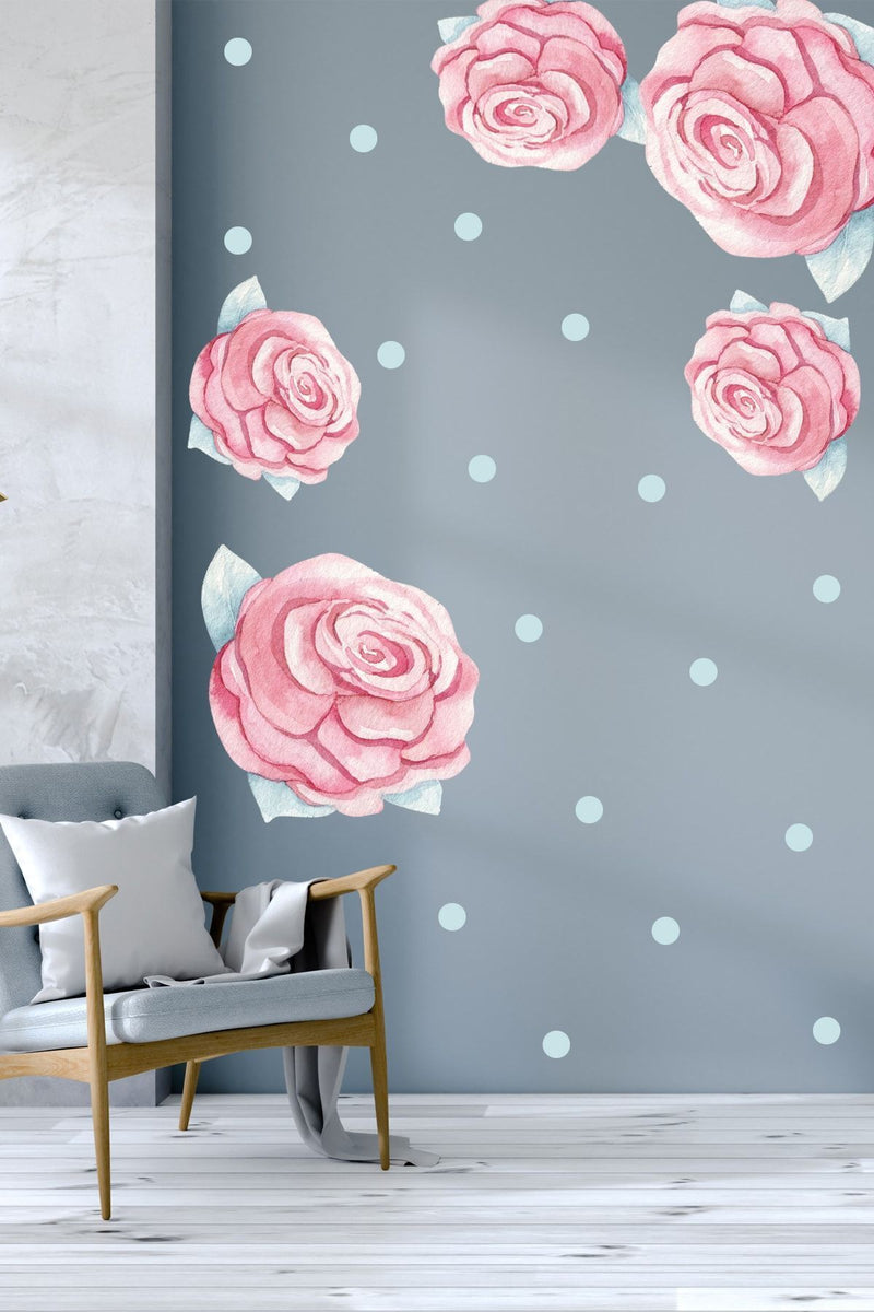 Suluboya Pembe Çiçekler Duvar Sticker Seti