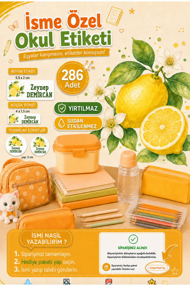Limon Tema Okul Etiketi Kalem Defter Etiketi Özel İsim Yazılabilen Etiket 286 Adet İsim Etiketi