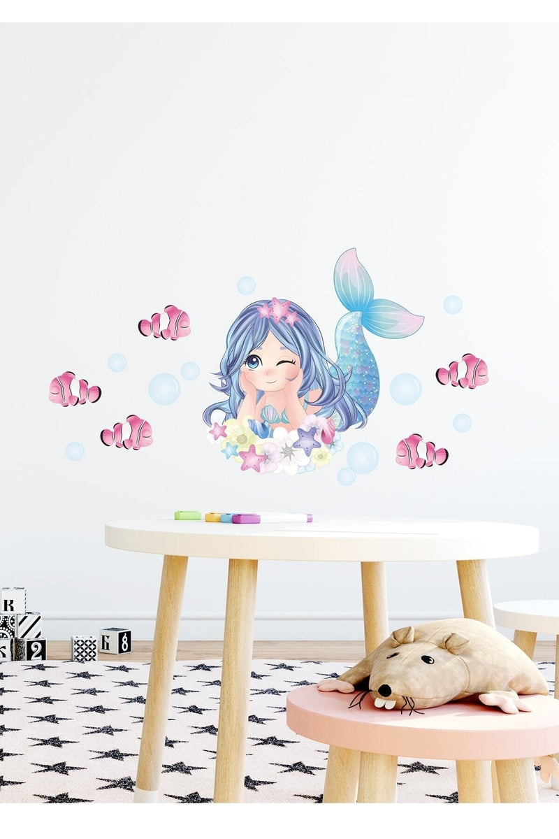 Mavi Saçlı Deniz Kızı Ve Balıklar Duvar Sticker Seti- Sim51