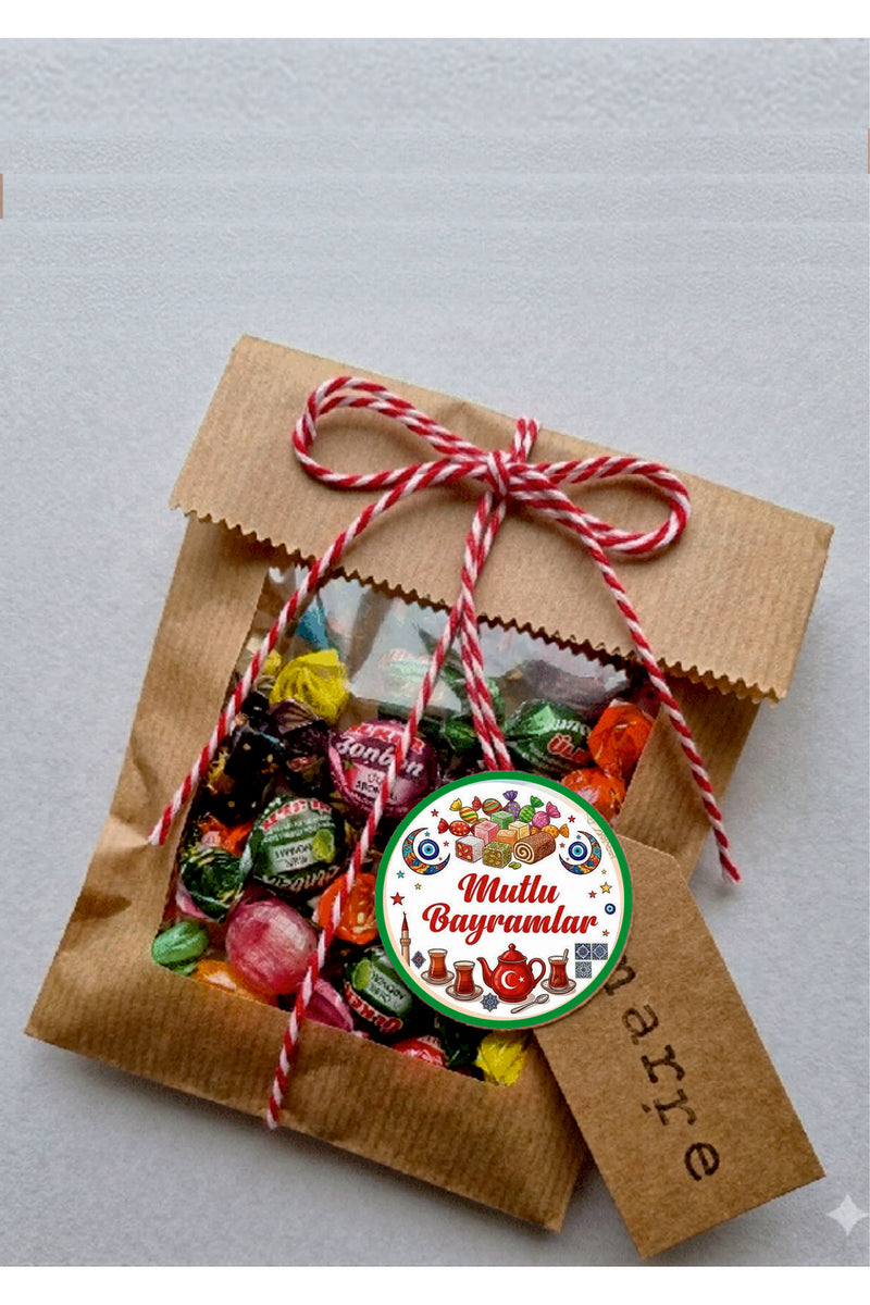 Mutlu Bayramlar yazılı, Paketleme Kutularına Özel Tasarım Etiketler 4 cm Çapında 15 Adet Etiket