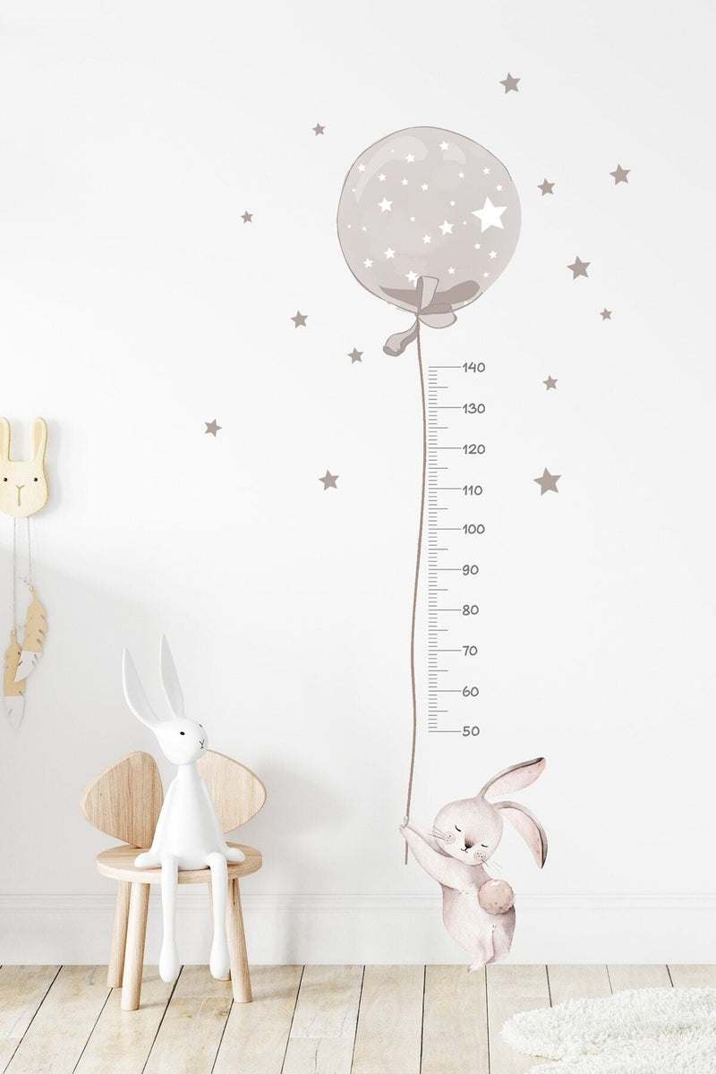Füme Renk Balonlu Tavşan Boy Ölçer Duvar Sticker Seti