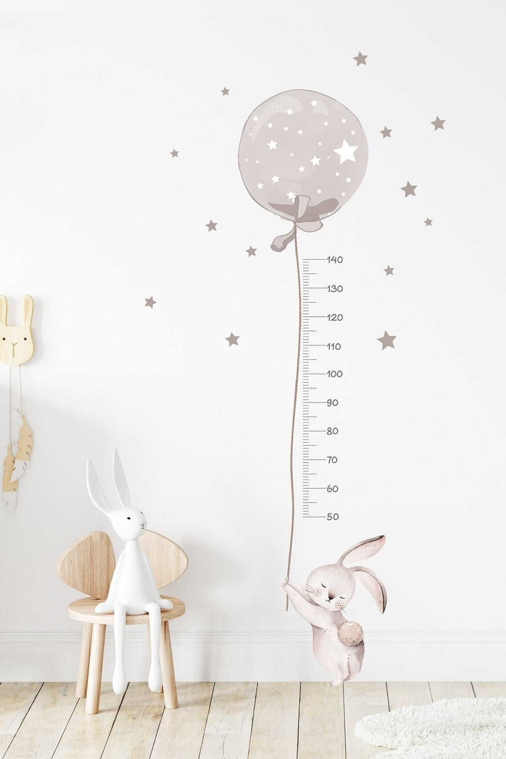 Füme Renk Balonlu Tavşan Boy Ölçer Duvar Sticker Seti