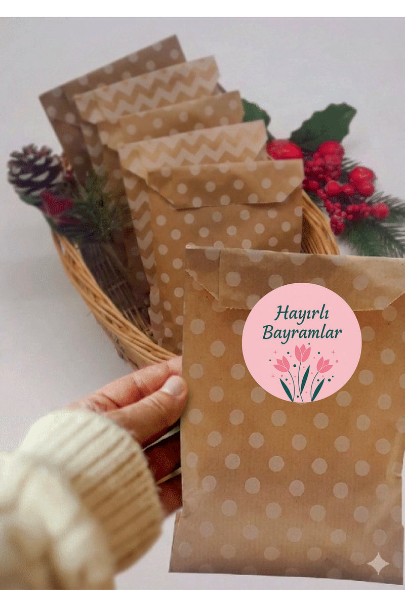 Hayırlı Bayramlar yazılı, Paketleme Kutularına Özel Tasarım Etiketler 4 cm Çapında 15 Adet Etiket
