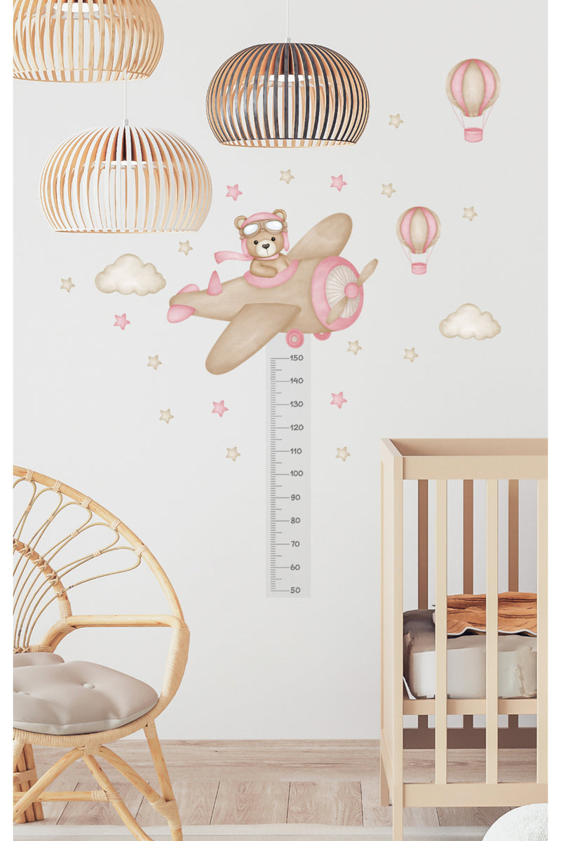 Boy Ölçer Pembe Pilot Ayıcık Hava balonları Çocuk Odası Duvar Sticker