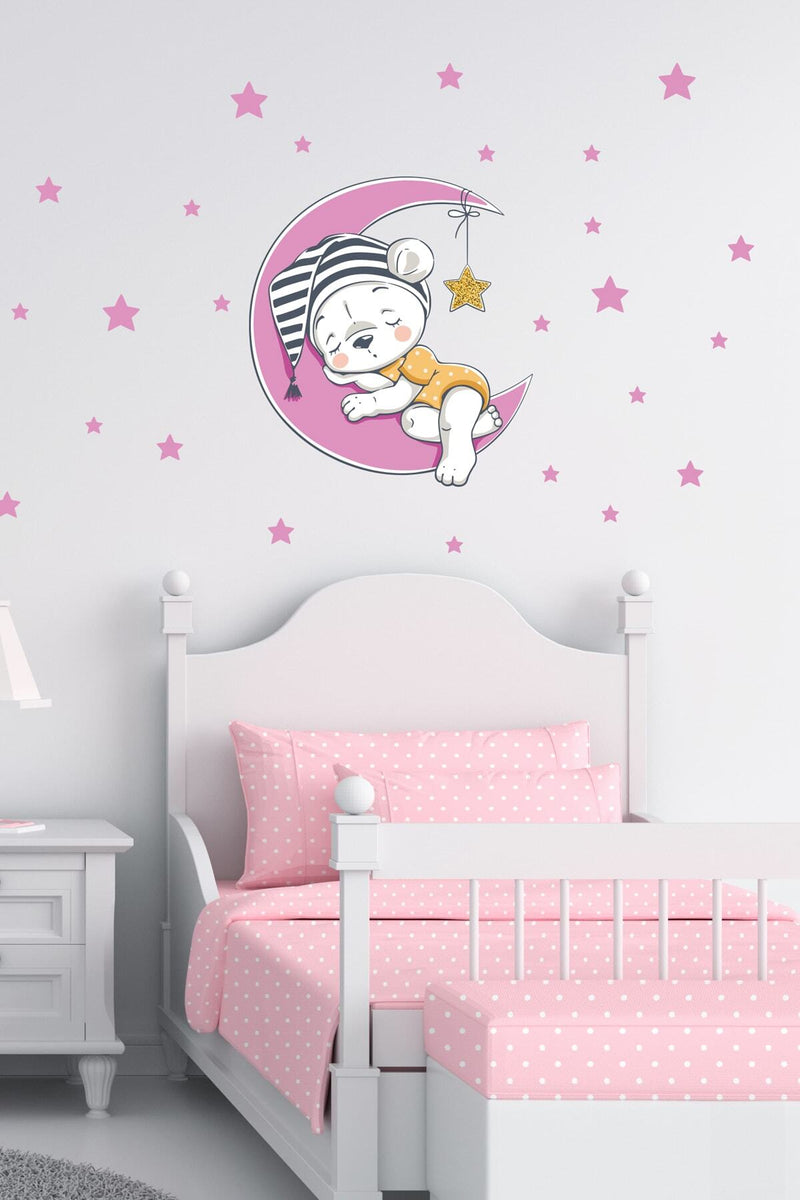 Pembe Uyuyan Ayıcık Tatlı Rüyalar Duvar Sticker Seti