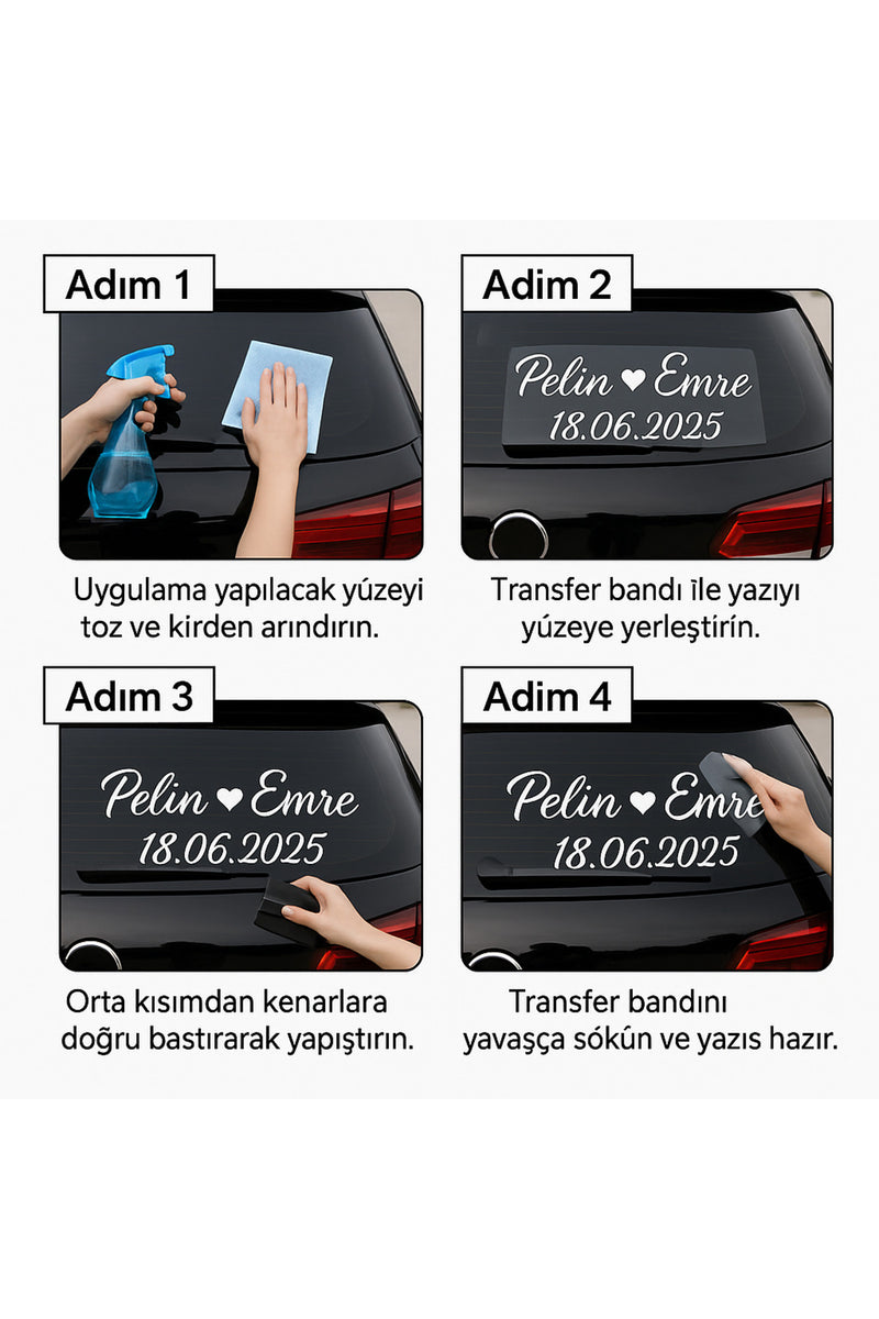 Kişiye Özel Gelin Arabası Arka Cam Yazısı – İsim, Tarih ve Dekorlu Sticker