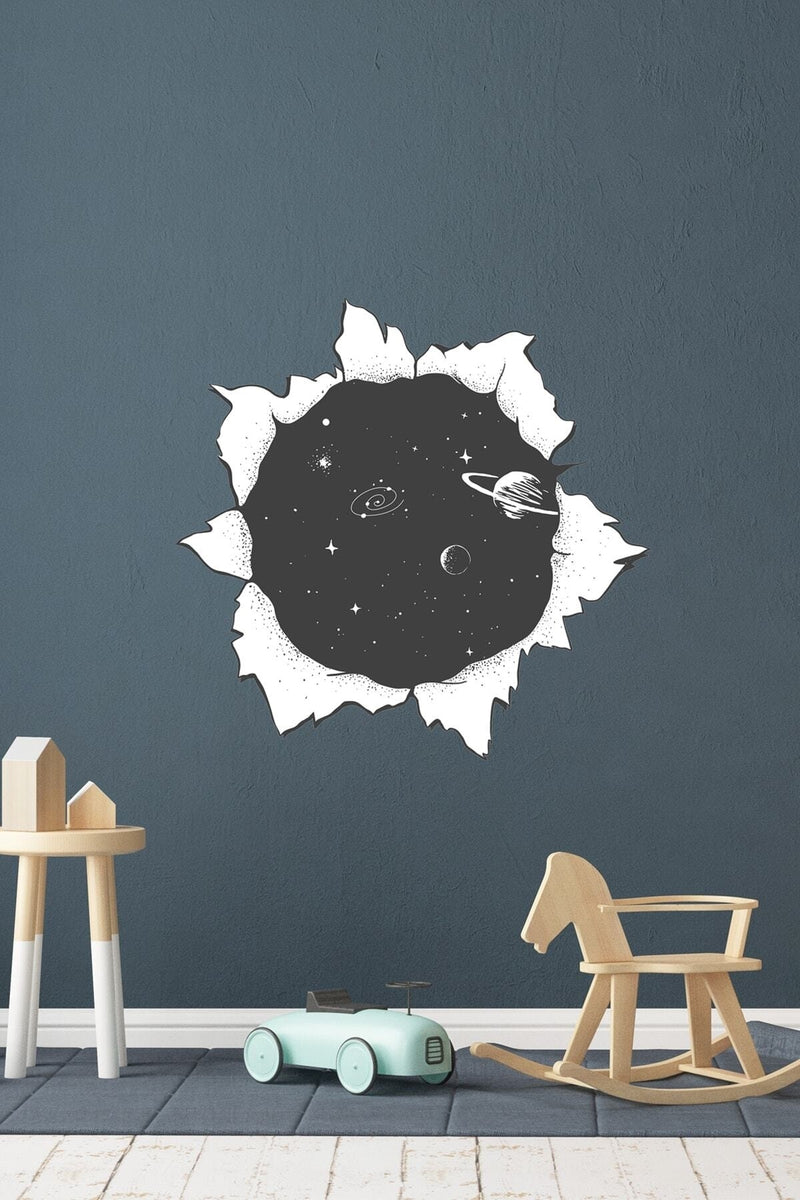 Siyah Beyaz Kırık Duvar Gezegen Galaksi Duvar Sticker
