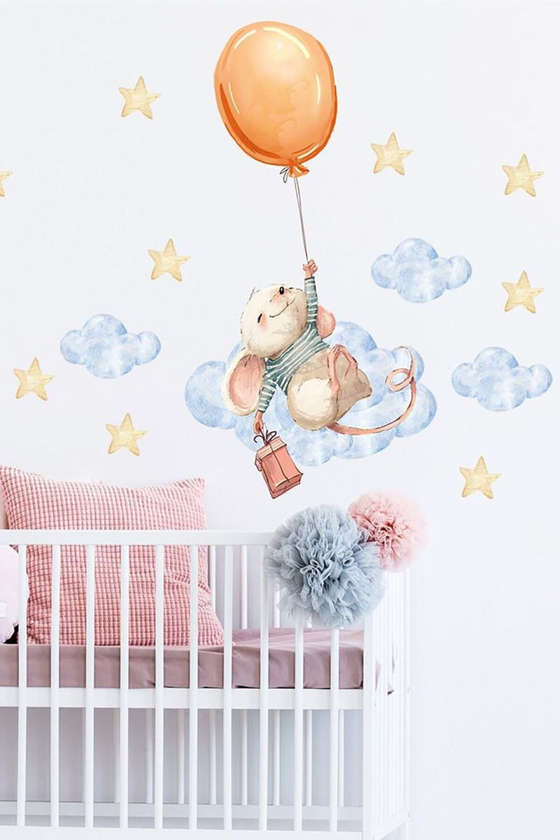 Turuncu Sevimli Fare Ve Balon Duvar Sticker Seti