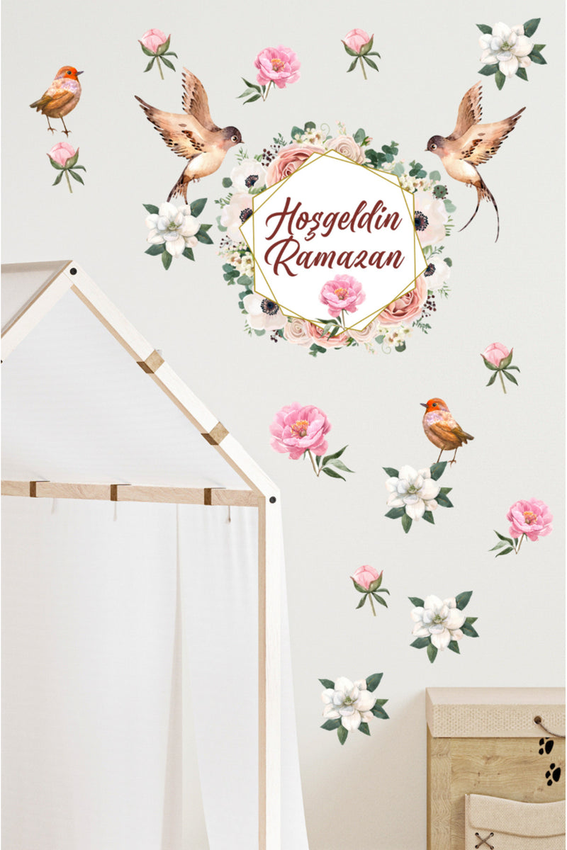 Hoşgeldin Ramazan Kuşlar Çiçekler Dekoratif Cam Duvar Sticker Seti