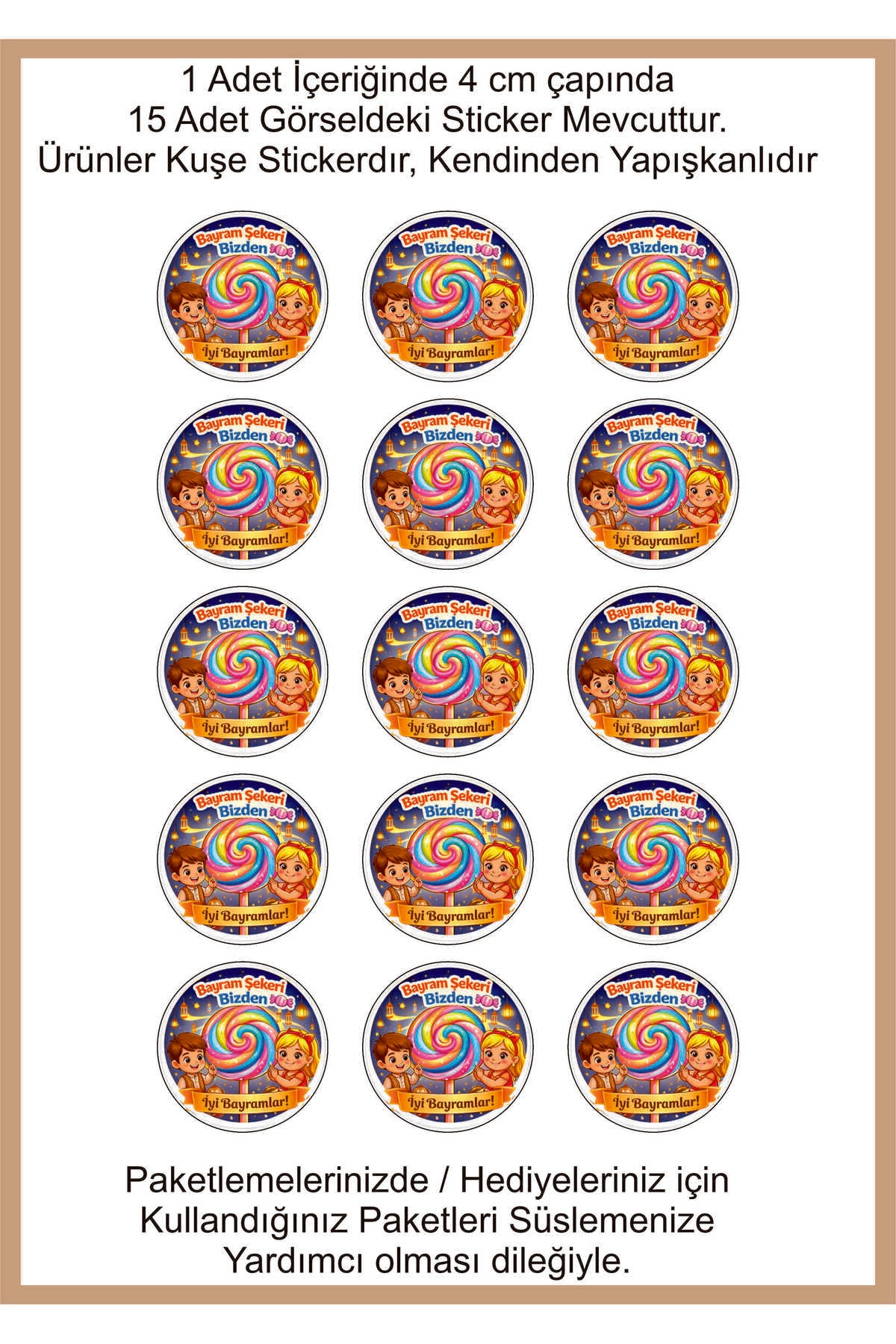 İyi Bayramlar yazılı, Paketleme Kutularına Özel Tasarım Etiketler 4 cm Çapında 15 Adet Etiket