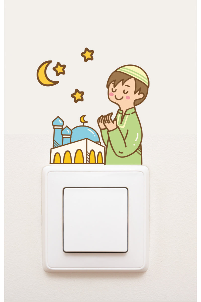 Priz - Ramazan Cami Dua Eden Çocuk ve Yıldızlar Dekoratif Duvar Sticker