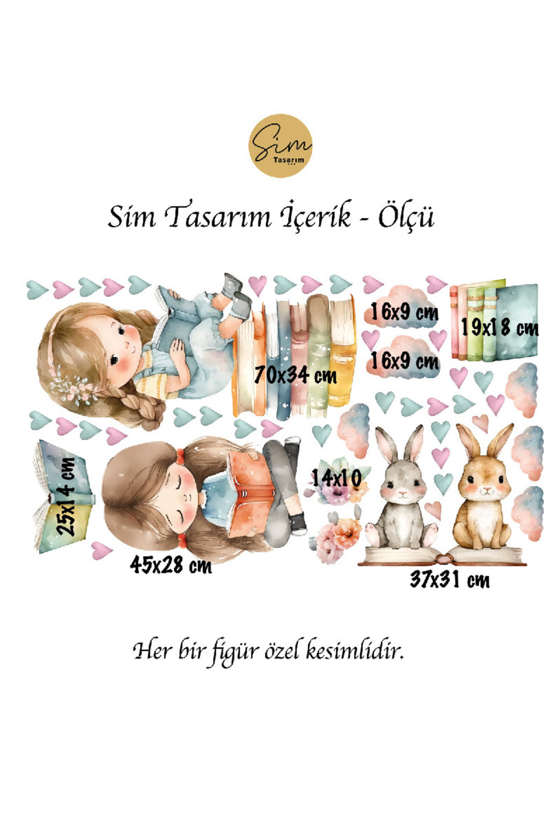 Kitap Okuyan Kızlar Anaokulu Kreş Duvar Sticker Seti