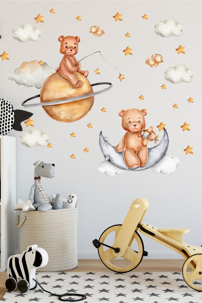 Aya Yolculuk Sevimli Ayıcıklar Duvar Dekorasyon Sticker Seti
