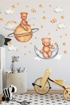 Aya Yolculuk Sevimli Ayıcıklar Duvar Dekorasyon Sticker Seti
